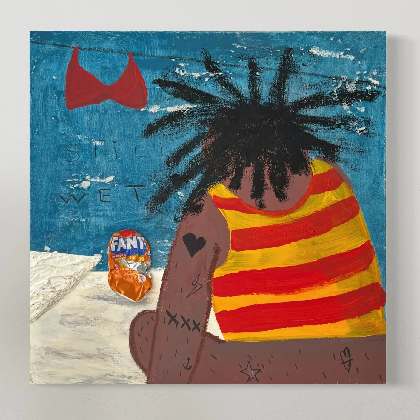 Artistic depiction of a person with dreadlocks wearing a striped shirt, with a red bikini top and Fanta can in the background.
