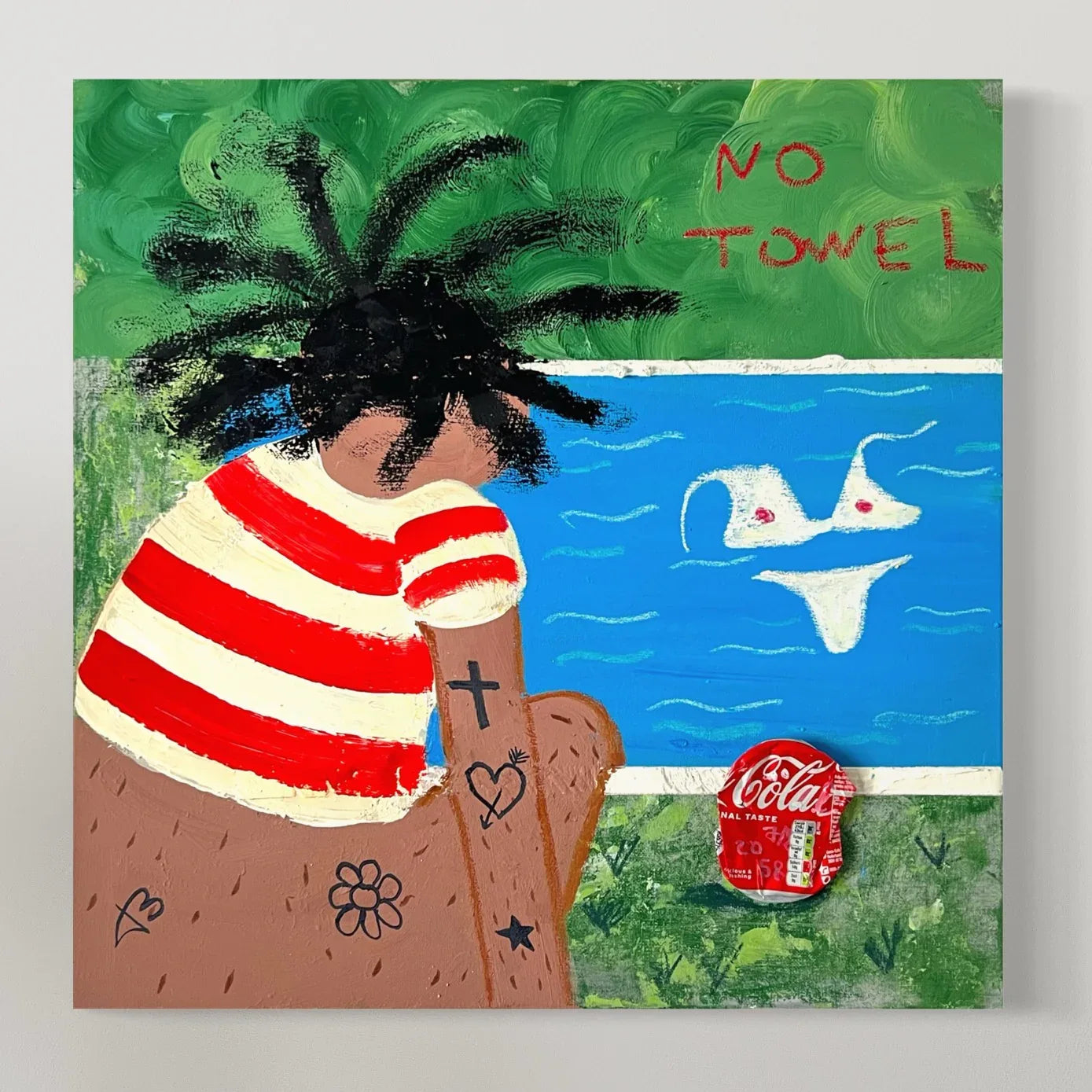 Artistic depiction of a person with tattoos by water, with 'No Towel' text and Coca-Cola bottle cap.