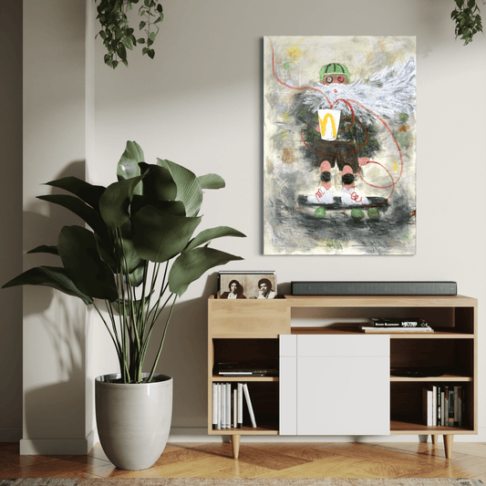 Modern living room with a plant, entertainment console, and abstract painting.