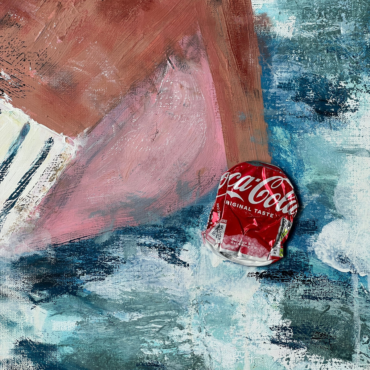 An abstract painting featuring a textured red Coca-Cola can floating on a background of blue, teal, and pink brushstrokes.