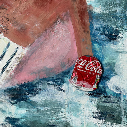 An abstract painting featuring a textured red Coca-Cola can floating on a background of blue, teal, and pink brushstrokes.