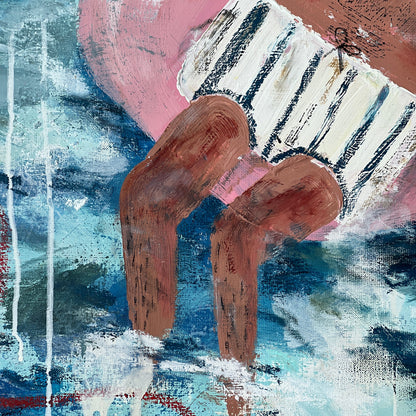 Abstract painting of a seated figure in pink and white striped clothing against a textured blue, white, and brown background.