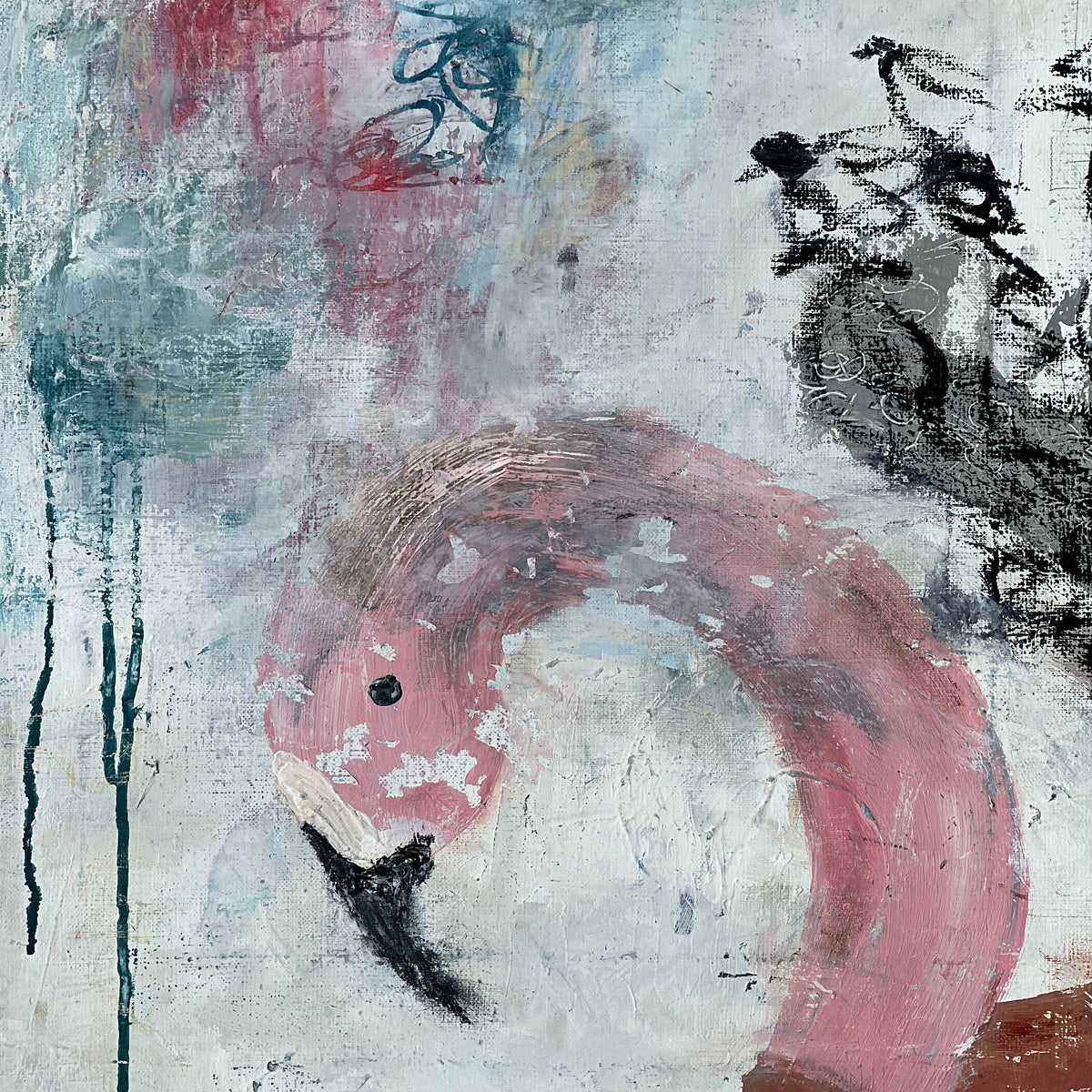 Abstract painting featuring a pink flamingo head and neck in the lower center, with black bird-like brushstrokes on the right and red/blue marks on the upper left, over a textured off-white background.
