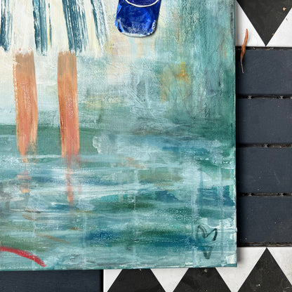 An abstract painting featuring a blue Pepsi bottle, teal and green brushstrokes, and peach-colored vertical strokes, displayed on a black and white checkered surface.