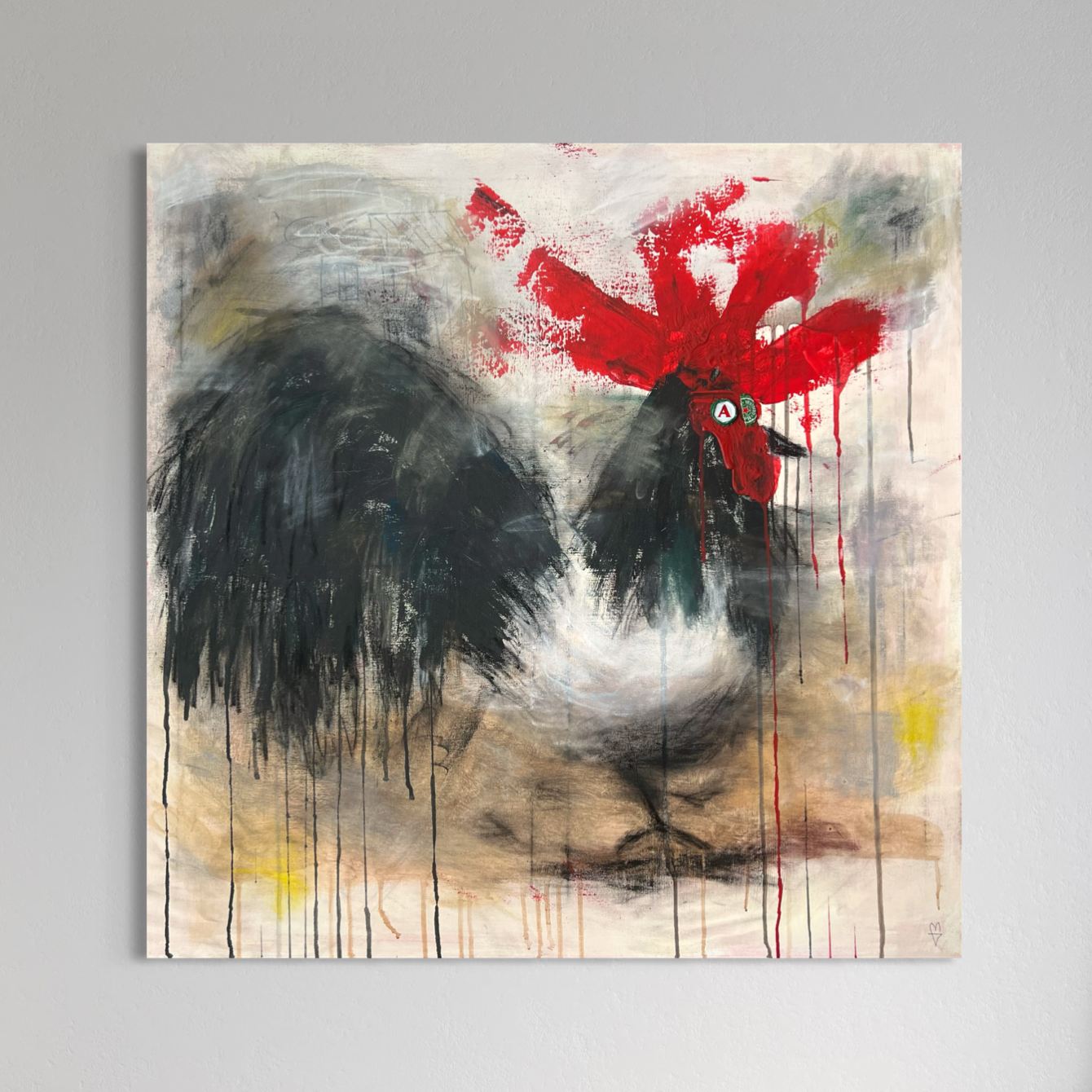 Abstract painting of a rooster with a red comb on a gray background