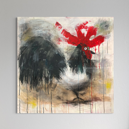 Abstract painting of a rooster with a red comb on a gray background