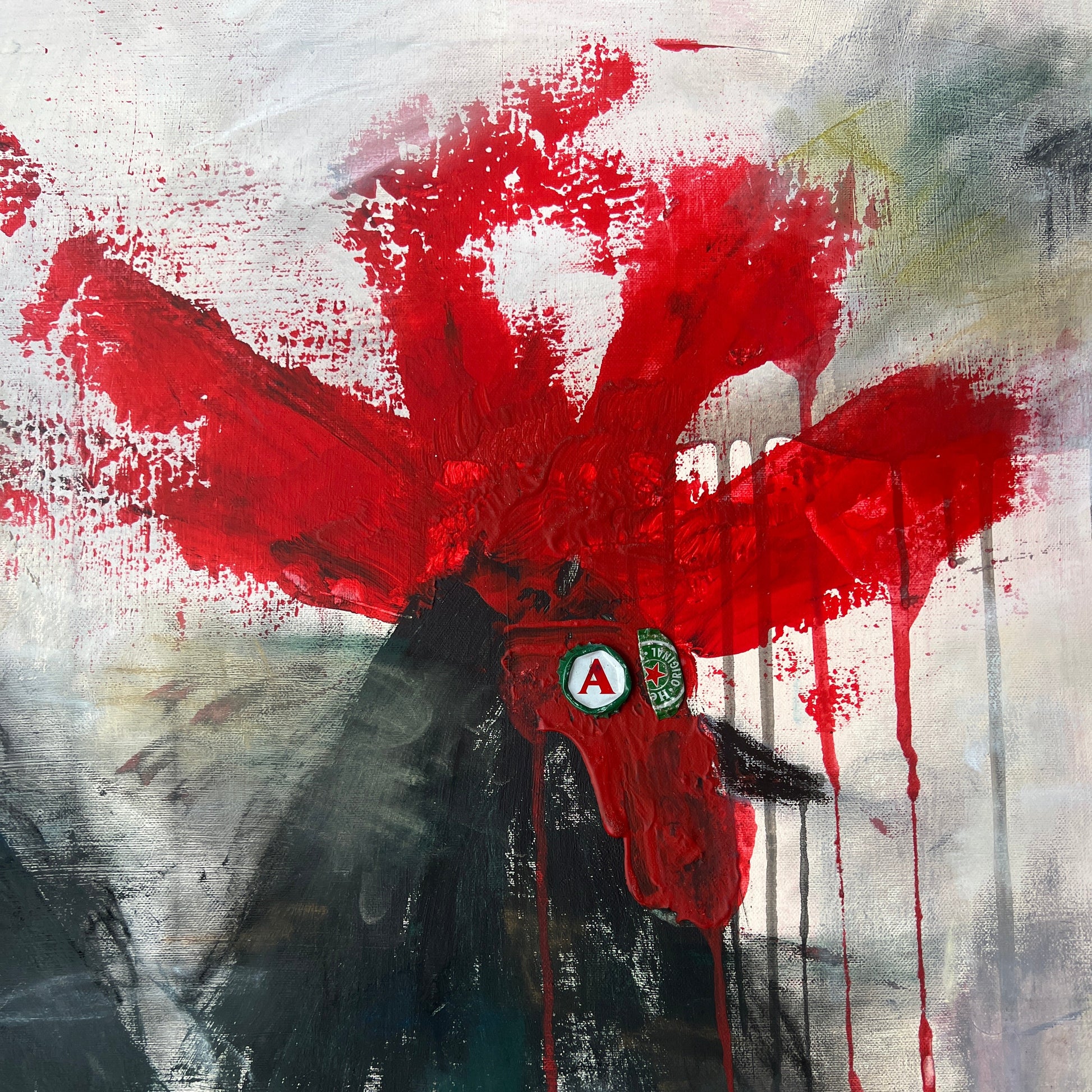 Abstract painting with a red car and logo on a gray background