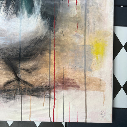 Abstract painting on a checkered floor