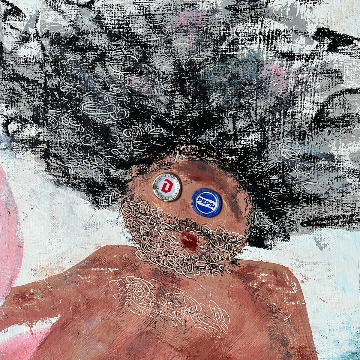 An expressive mixed-media painting of a figure with a large black-and-gray textured hair mass, a pink-toned torso, and two circular button-like eyes with visible DTF logos.