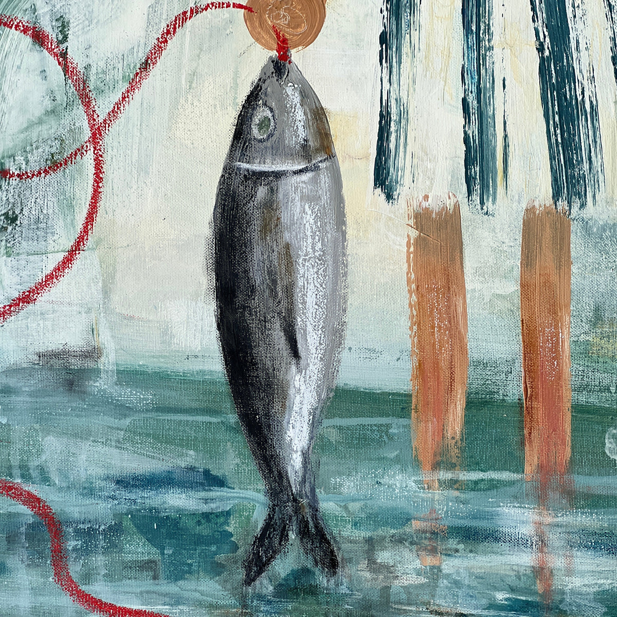 An abstract painting depicting a silver fish hanging from a red rope, with blue-green water at the bottom, vertical dark blue brushstrokes on the right, and orange-brown vertical forms against a textured off-white background.