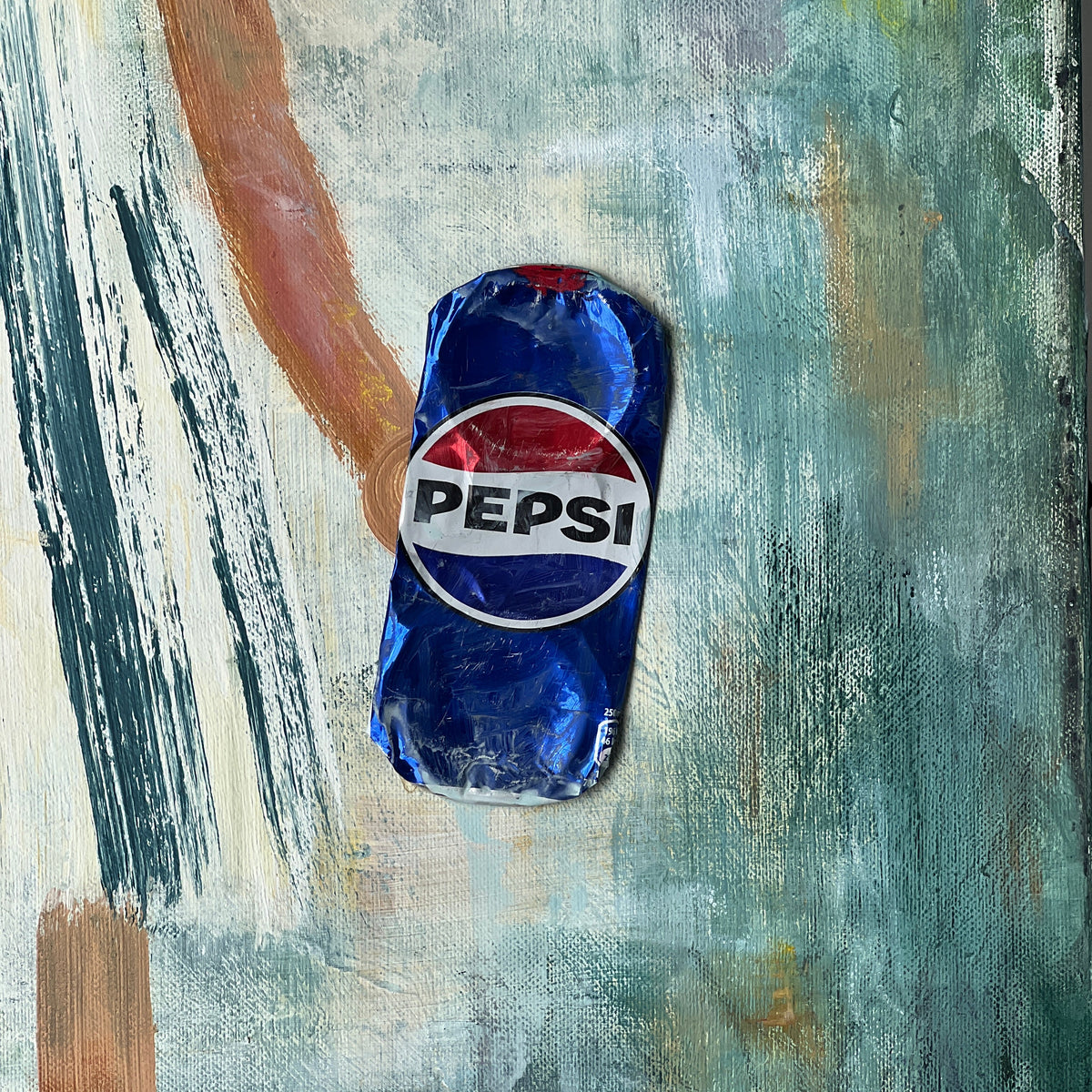 A textured painting featuring a small, stylized blue can of Pepsi in the center, set against an abstract background of teal, green, beige, and brown brushstrokes.