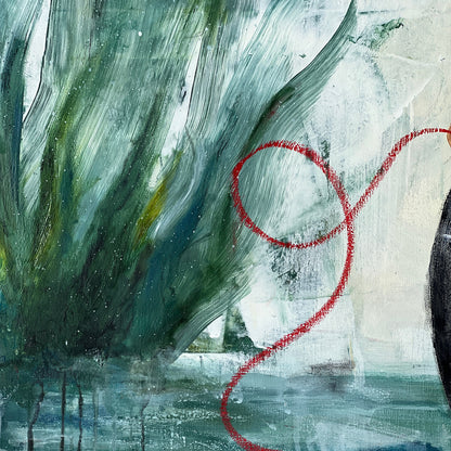 Abstract painting featuring textured brushstrokes of green, teal, and white, with a prominent wavy red line running vertically through the composition.
