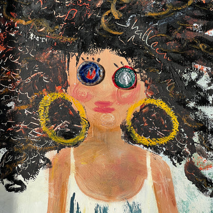 An expressive painting of a woman's face and shoulders, with voluminous black hair, large yellow-rimmed hoop earrings, and one blue-and-red patterned eye patch over the other eye. The background is filled with abstract black scribbles and warm tones.