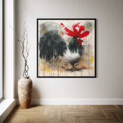 Framed abstract painting of a rooster on a wall with a vase and branch below.