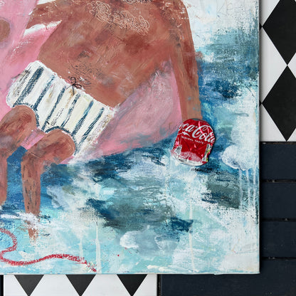 A mixed-media painting of a child in pink swimwear holding a Coca-Cola can, displayed on a black and white checkered surface.