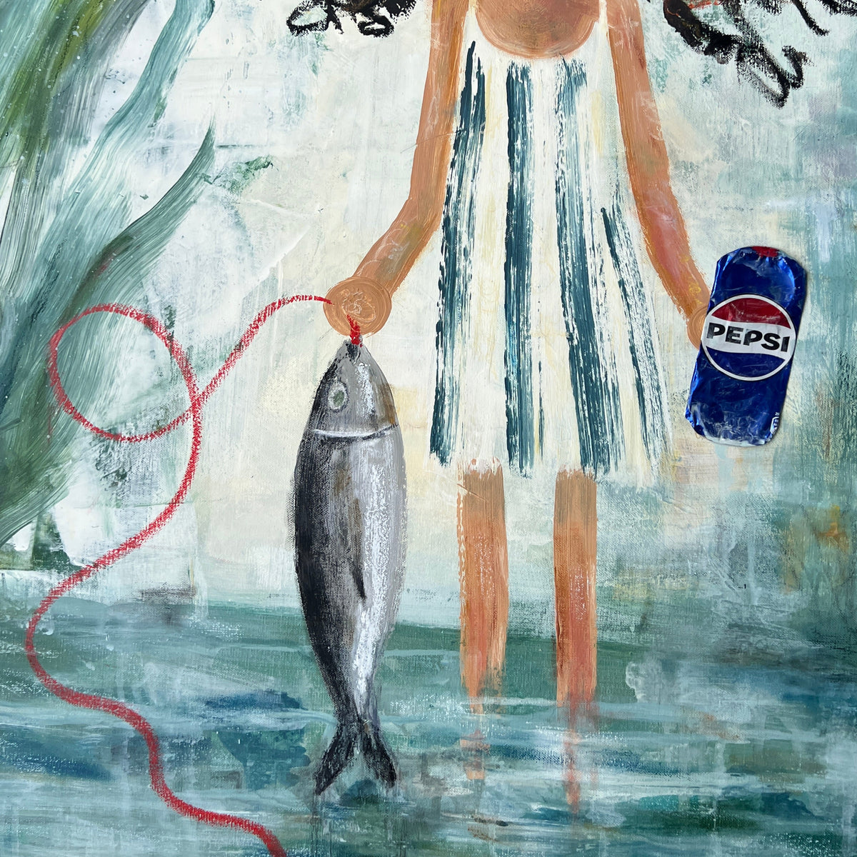 An expressive painting of a woman with voluminous dark hair, large hoop earrings, and a white dress standing in water and holding a fish with a red rope, while also holding a blue Pepsi can.