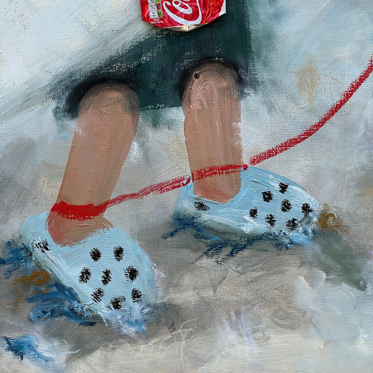 A stylized painting showing a person's legs in light blue croc-heel sandals with black polka dots, wearing dark shorts and holding a red Coca-Cola can, with a red rope around the ankles on a gray and blue textured background.