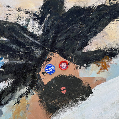 An abstract painting of a face with black hair, a tan skin tone, a blue Pepsi logo on one eye, and a red circular emblem on the other, set against a textured background of black, white, and light blue.