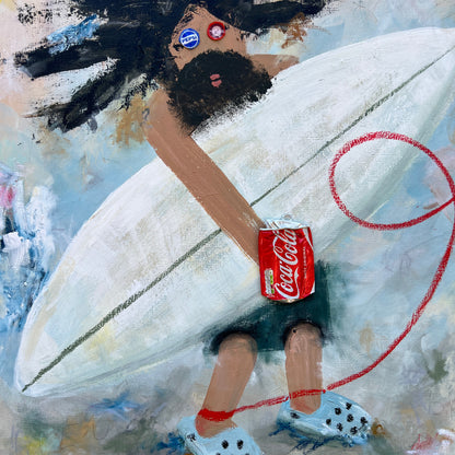 An expressive painting of a person with dark hair holding a large white surfboard, wearing blue-and-white Croc-style shoes and holding a red Coca-Cola can. A red rope loops across the scene against a soft, painterly background.