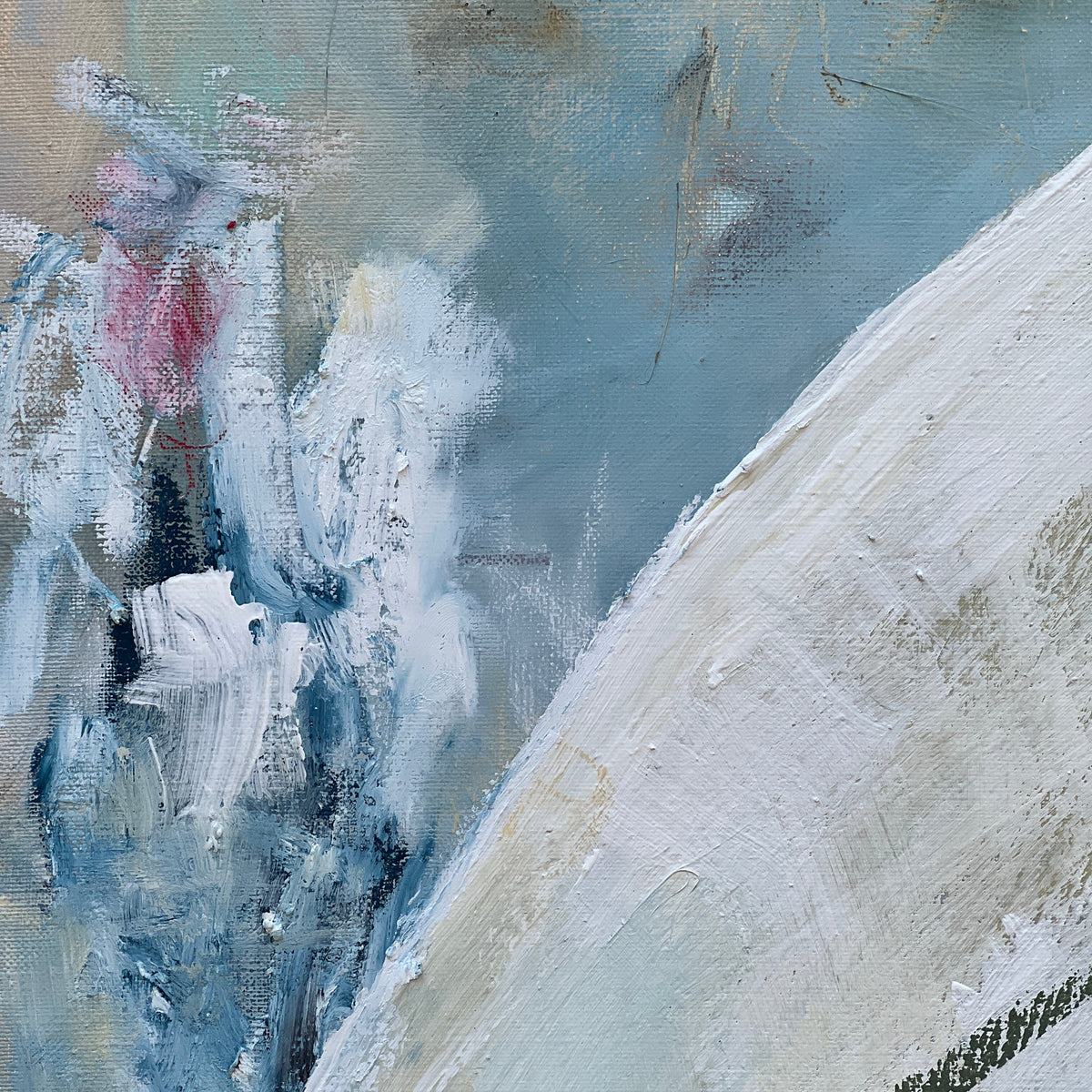 An abstract painting featuring textured brushstrokes in shades of blue, white, gray, and soft beige, with a small touch of pink and a dark green diagonal line.