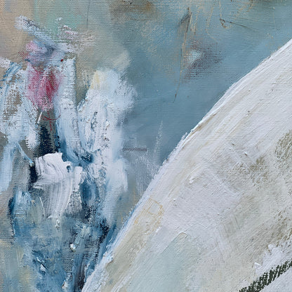 An abstract painting featuring textured brushstrokes in shades of blue, white, gray, and soft beige, with a small touch of pink and a dark green diagonal line.