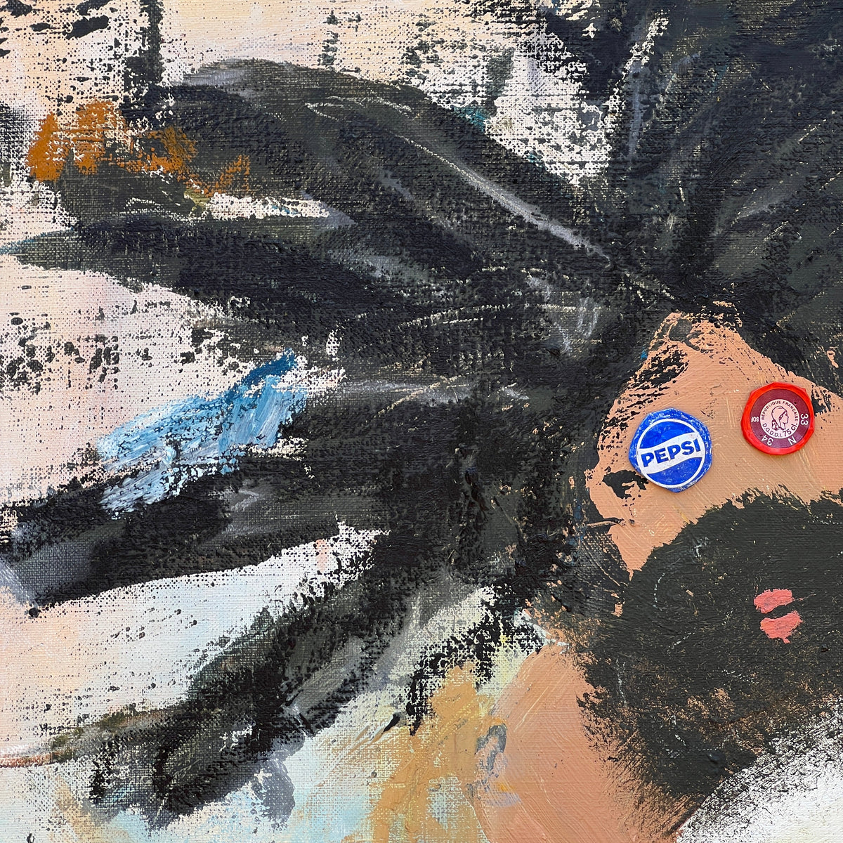 Abstract painting of a woman's face with black hair, a peach-toned face, and two circular pins on the cheeks, one blue Pepsi pin and one red pin, set against a textured beige, black, and light blue background.