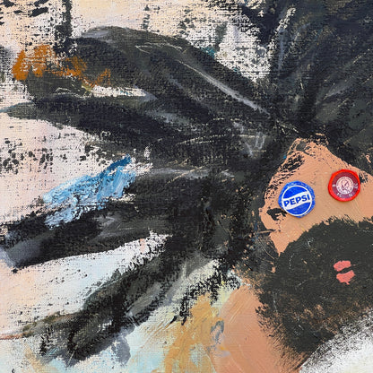 Abstract painting of a woman's face with black hair, a peach-toned face, and two circular pins on the cheeks, one blue Pepsi pin and one red pin, set against a textured beige, black, and light blue background.