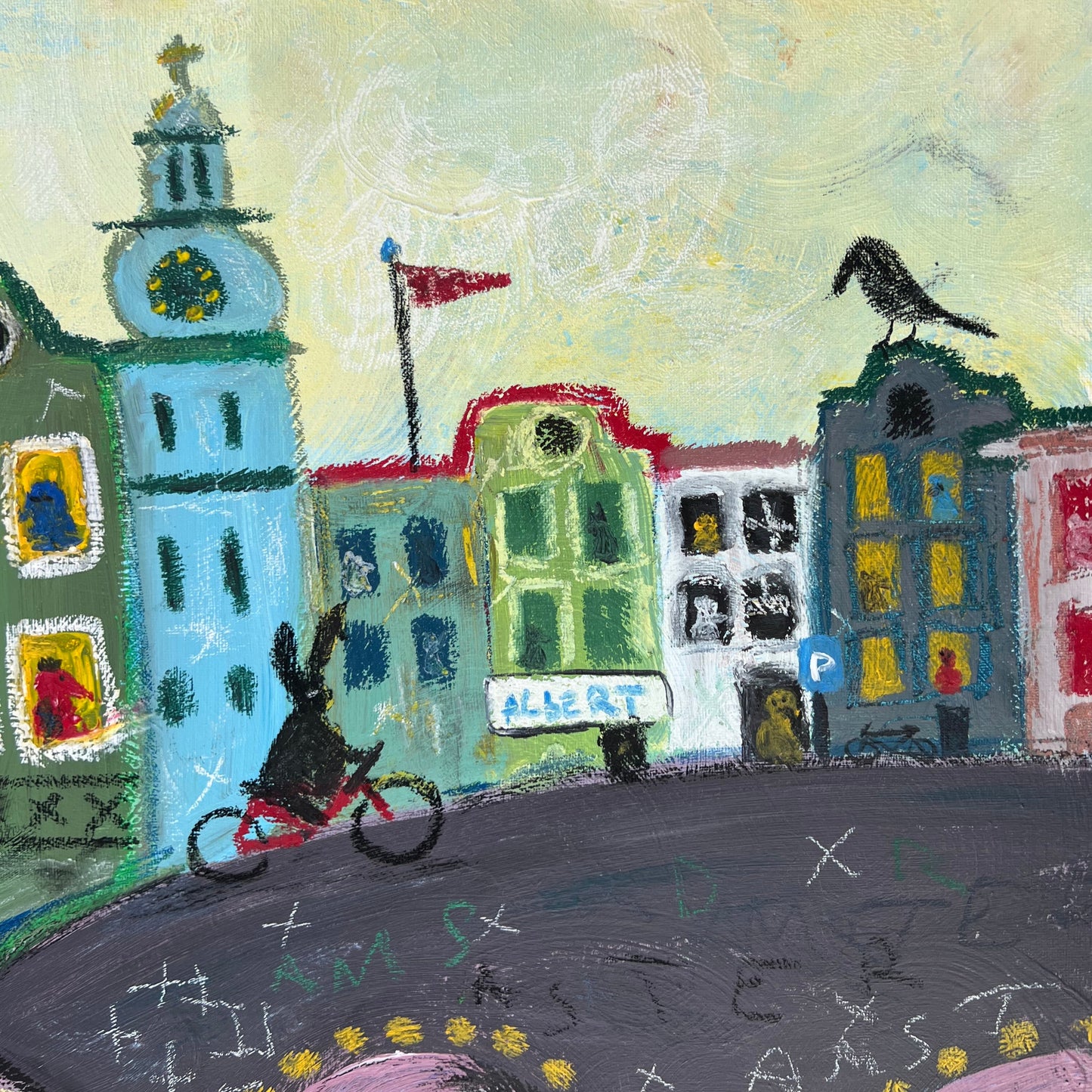 Colorful painting of a cityscape with buildings and a cyclist on a street.