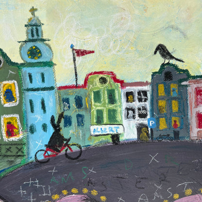 Colorful painting of a cityscape with buildings and a cyclist on a street.