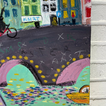 Colorful abstract painting on a textured wall