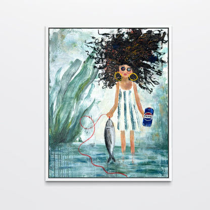 A framed art print featuring a whimsical illustration of a girl with voluminous dark hair standing in shallow water, holding a fish and a blue Pepsi bottle, set against a light gray background.