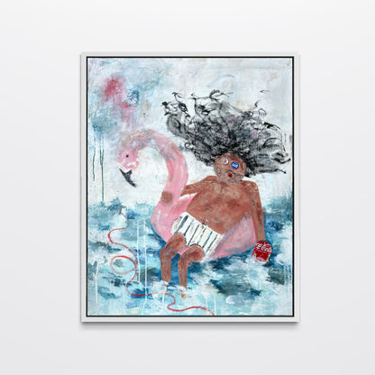A framed art print featuring a surreal illustration of a person with voluminous dark hair sitting on a pink flamingo, holding a red Coca-Cola can, set against a light blue and white textured background. The print is housed in a thin black frame with a white mat, shown hanging on a light gray wall.