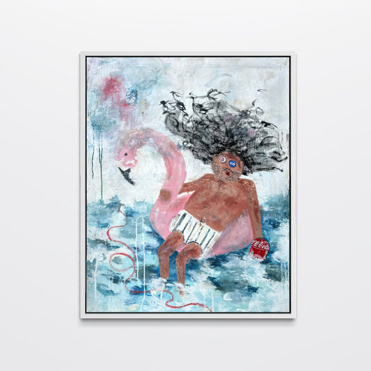 A framed art print featuring a surreal illustration of a person with voluminous dark hair sitting on a pink flamingo, holding a red Coca-Cola can, set against a light blue and white textured background. The print is housed in a thin black frame with a white mat, shown hanging on a light gray wall.