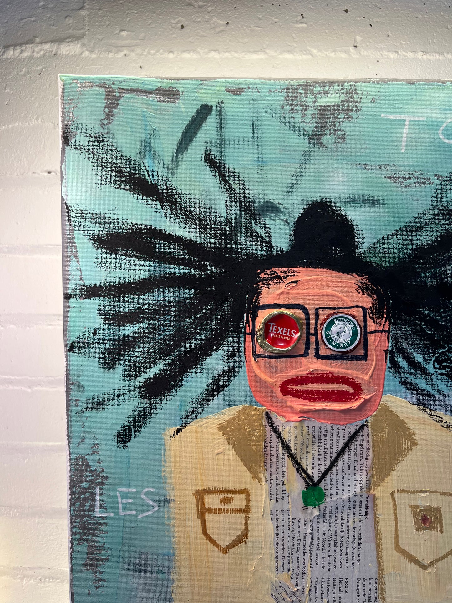 Artistic depiction of a person with large black hair, wearing glasses with visible brand logos, against a textured background.