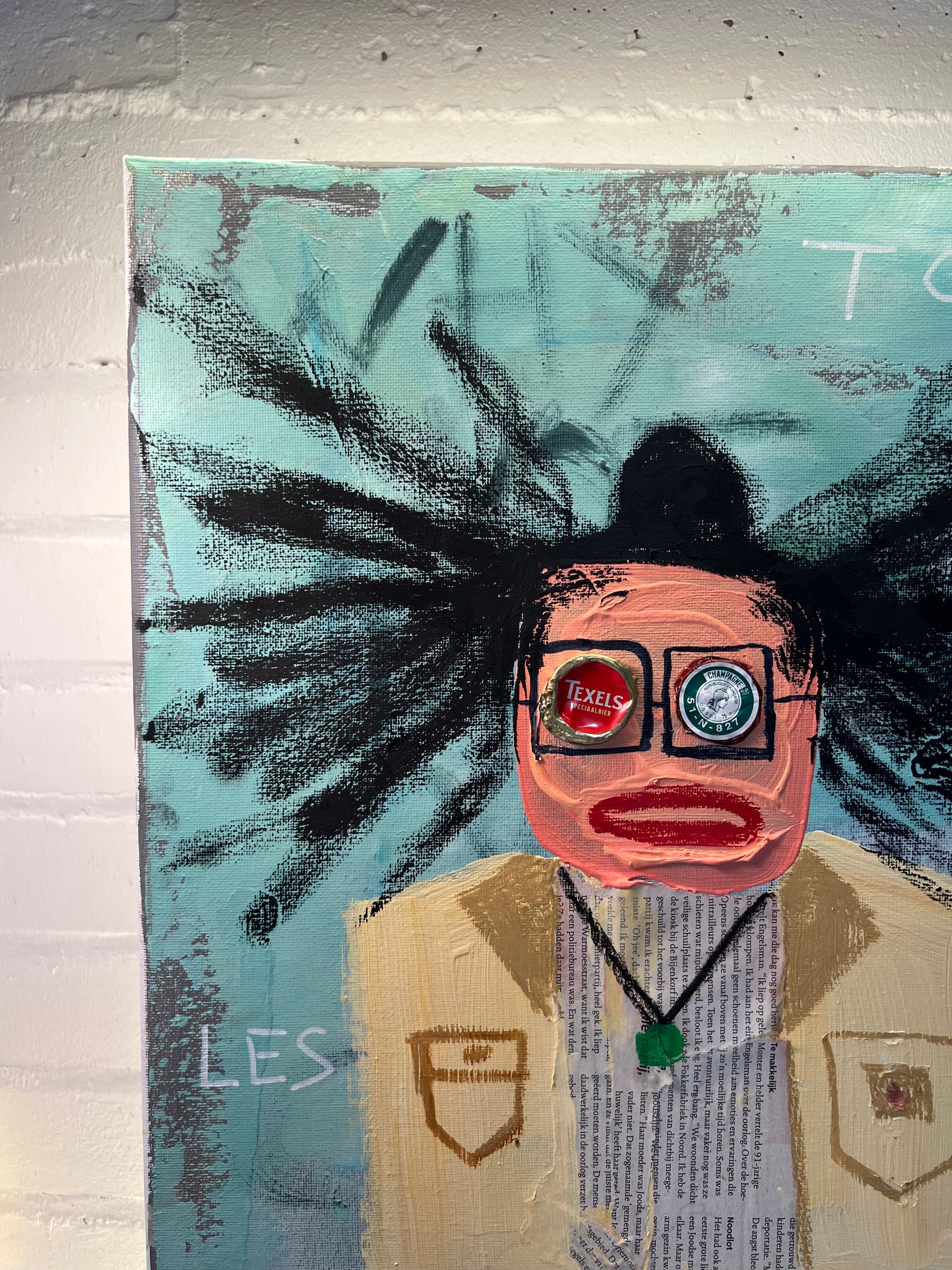 Artistic depiction of a person with large black hair, wearing glasses with visible brand logos, against a textured background.