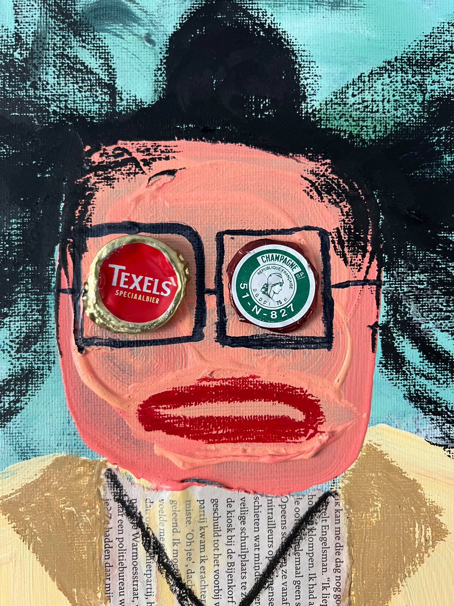 Collage with bottle caps over eyes and text overlay on a textured background