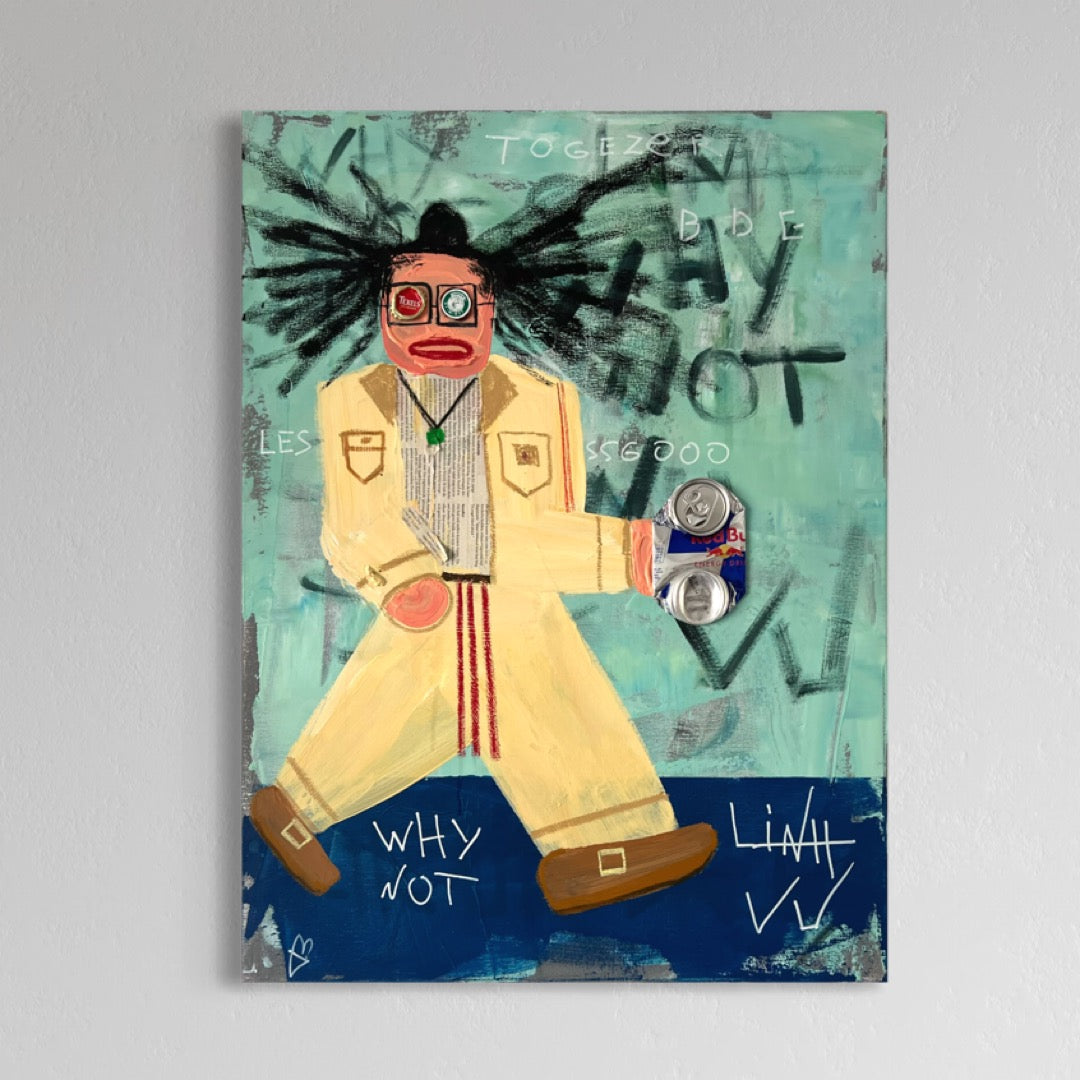 Artistic depiction of a person in a yellow coat with text and symbols on a textured background