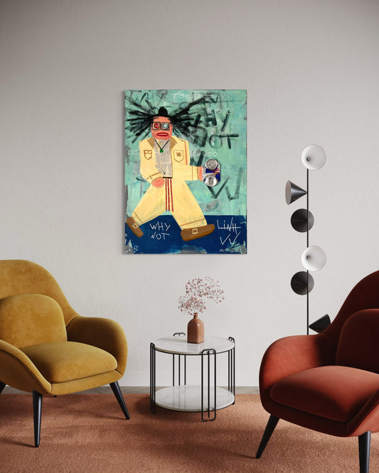 Modern living room with two armchairs, a side table, and a colorful abstract painting on the wall.