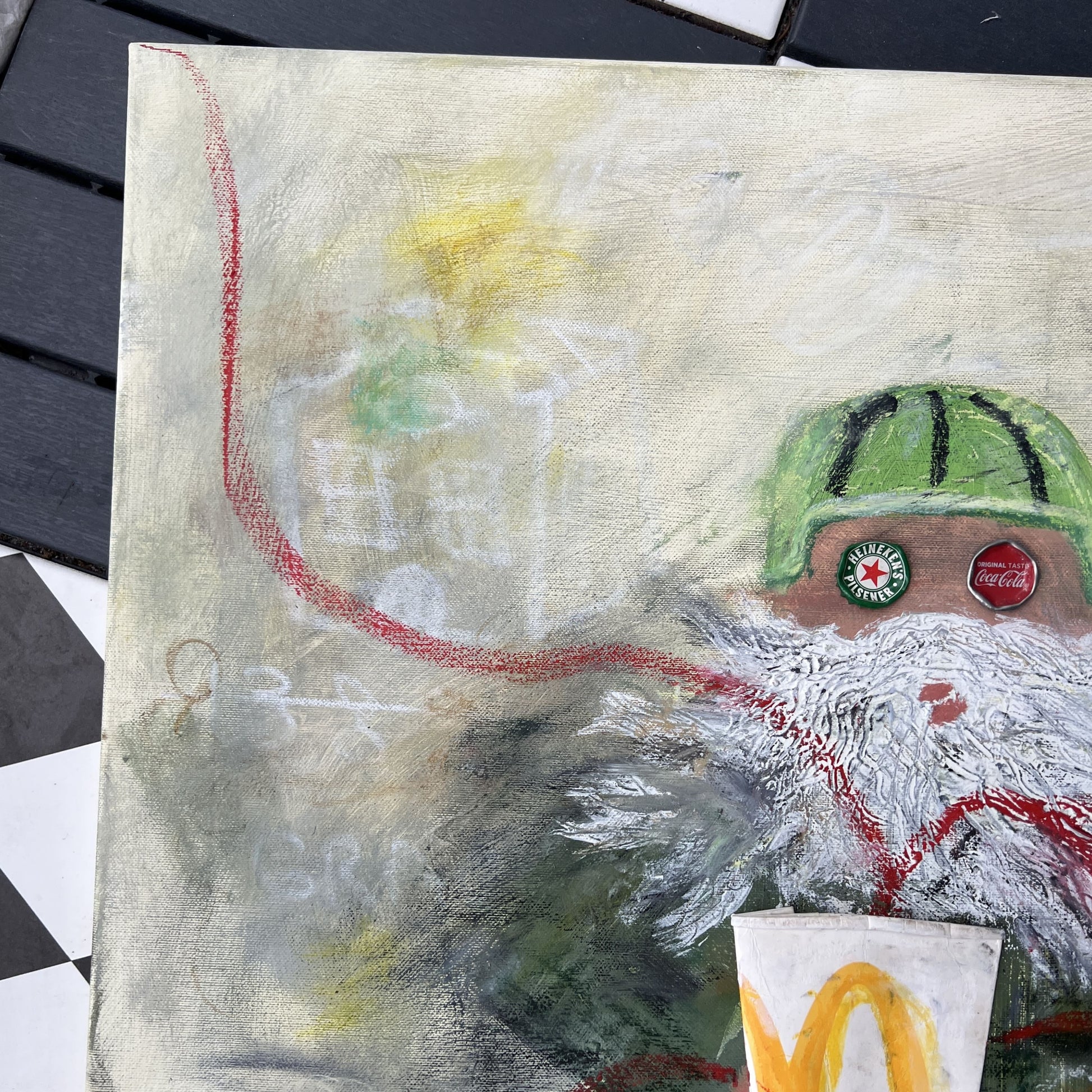 Artistic depiction of a bearded figure with a green hat and a cup, on a textured surface.