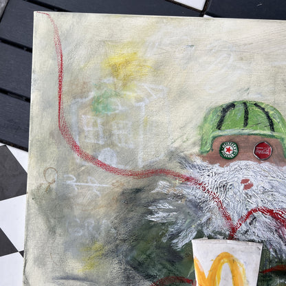 Artistic depiction of a bearded figure with a green hat and a cup, on a textured surface.