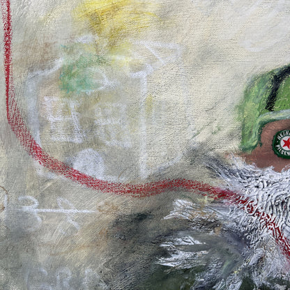Abstract art with a red line and green label on a textured surface