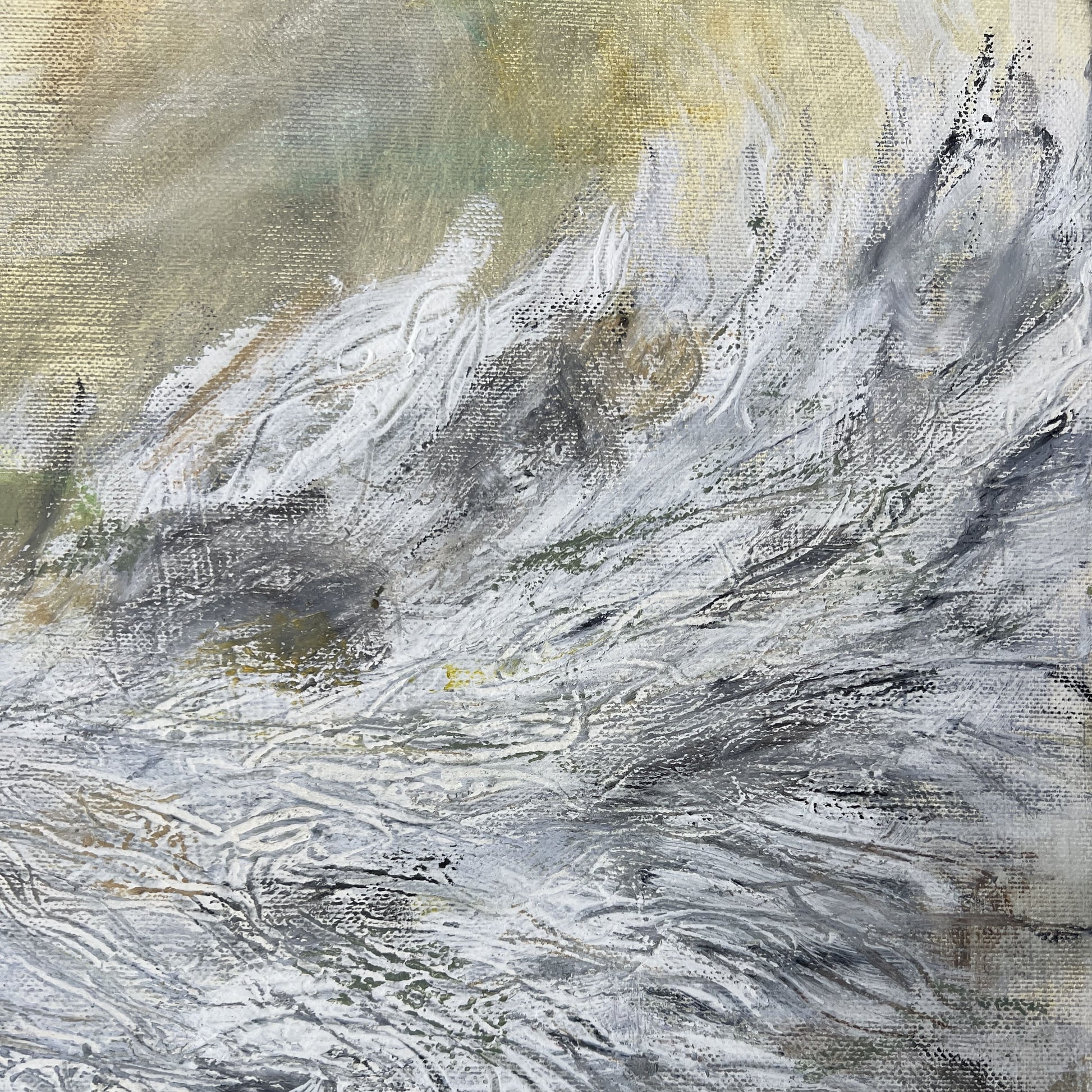 Abstract art with swirling patterns in gray, white, and brown on a textured surface.