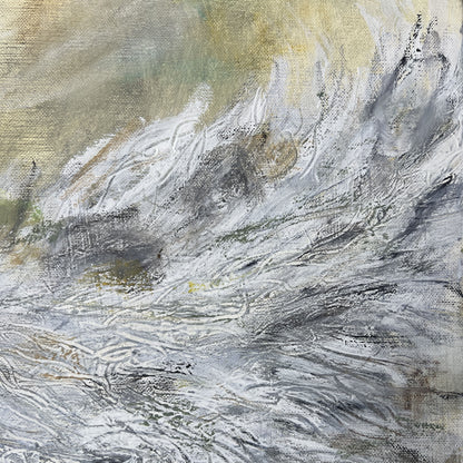 Abstract art with swirling patterns in gray, white, and brown on a textured surface.