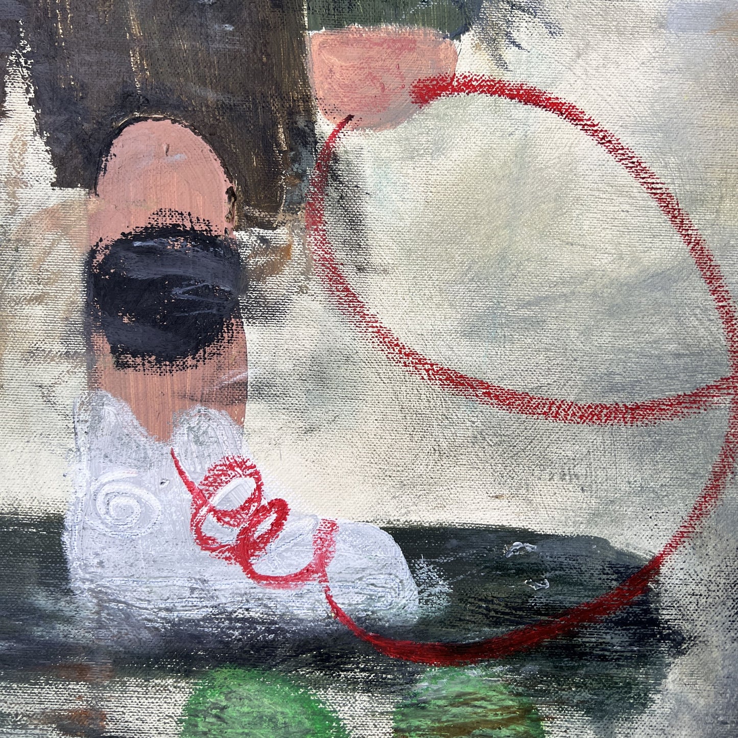Abstract artwork with a person wearing a mask and a red circle