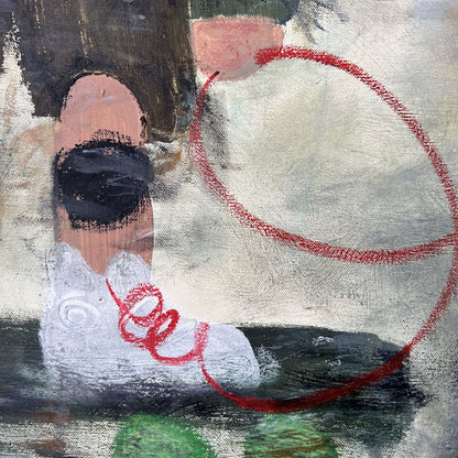 Abstract artwork with a person wearing a mask and a red circle