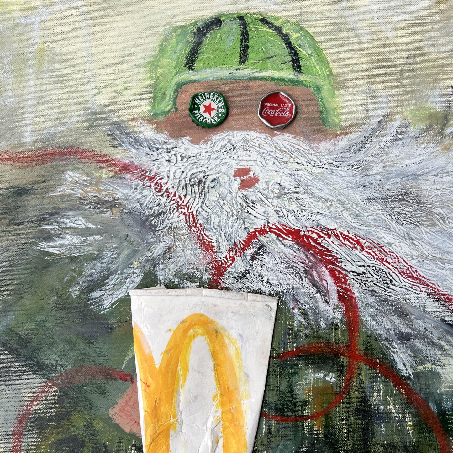Abstract artwork with a bearded figure wearing a green cap and holding a McDonald's cup.