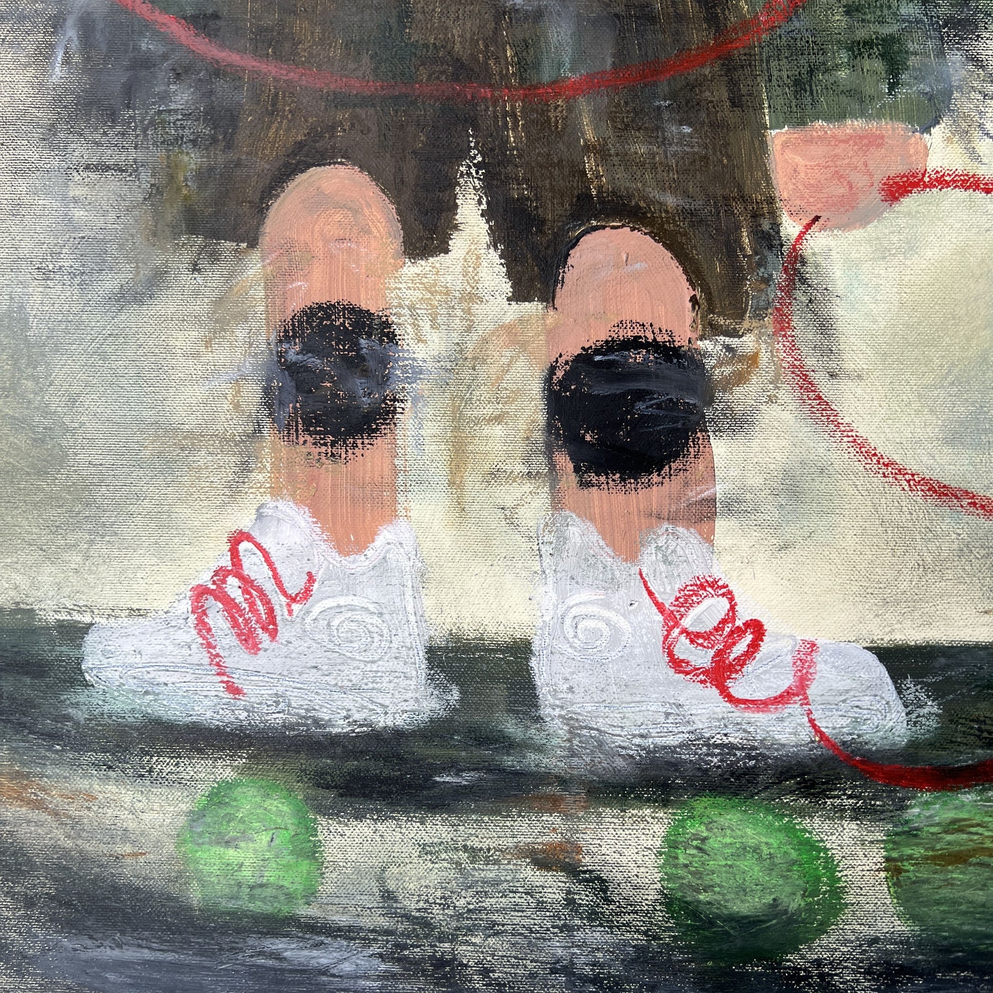 Abstract artwork with feet in water and green objects, featuring red and black elements.