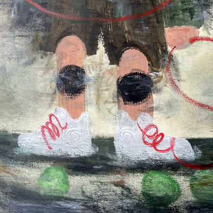 Abstract artwork with feet in water and green objects, featuring red and black elements.