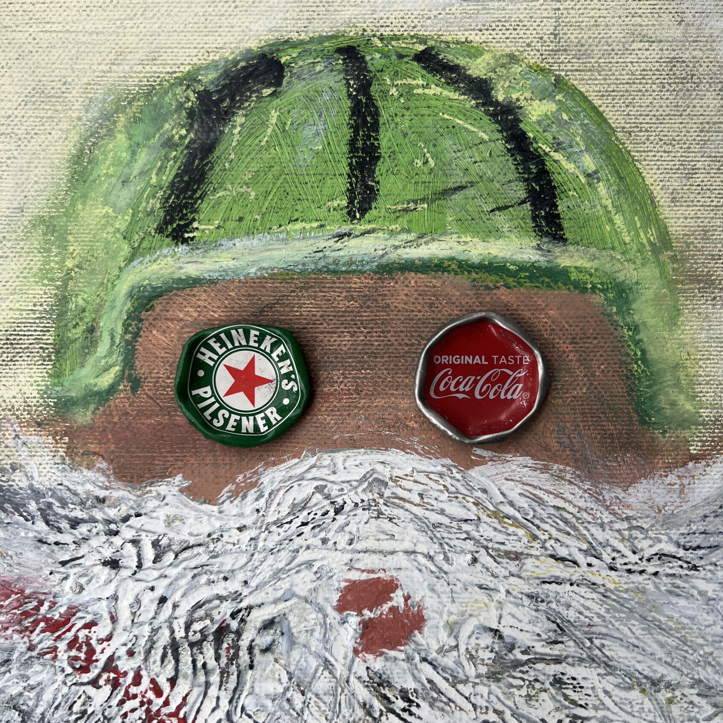 Artistic depiction of a face with Heineken and Coca-Cola logos on a textured background