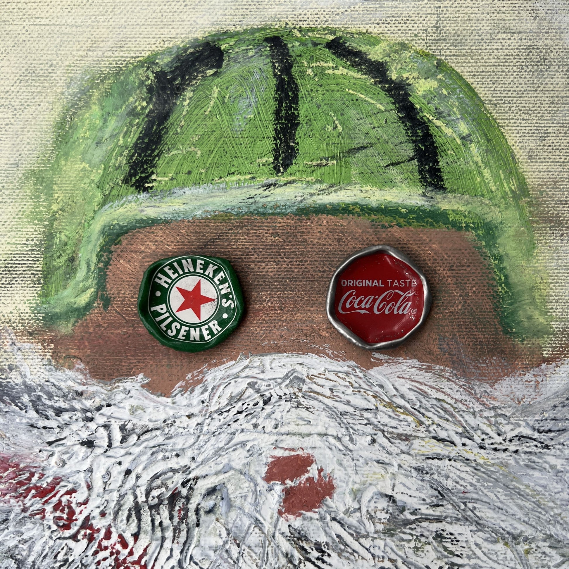 Artistic depiction of a face with Heineken and Coca-Cola logos on a textured background
